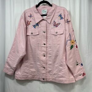 Quacker Factory Jacket Size 1X Pink Flowers Butterflies Linen Cotton Button Up